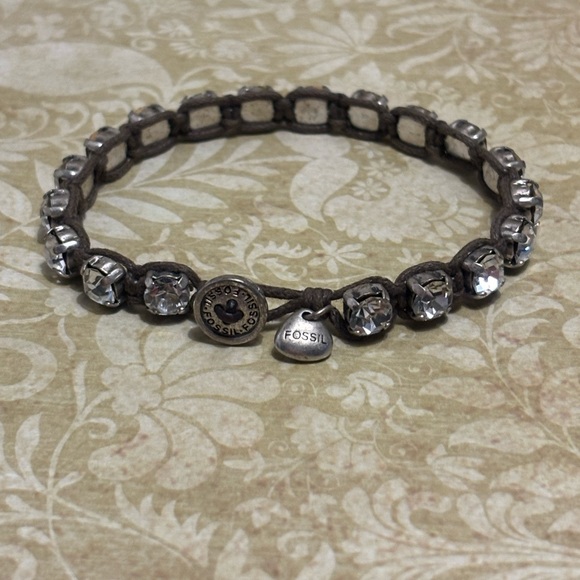 Fossil Silver Tone Brown Leather Wrapped Crystal Button Bracelet 7-1/2” - Picture 7 of 7
